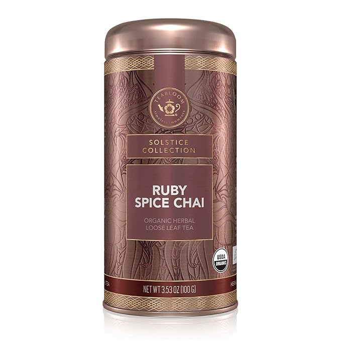 Teabloom Organic Herbal Tea, Ruby Spice Chai Loose Leaf Tea, Spicy and Rich Rooibos Chai with No Caffeine, USDA and EU Certified Organic, Fresh Whole Leaf Blend in Reusable Gift Canister, 3 oz/85 g Canister Makes 35-50 Cups - Bloomnest