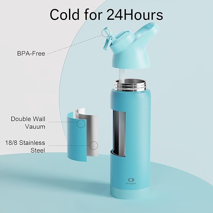 Insulated Water Bottle with Straw - Encool Stainless Steel Water Bottle, Reusable Leakproof and BPA-Free for Sports, Travel, Cold for 24 Hours, 24 oz, Mint Green ENCOOL
