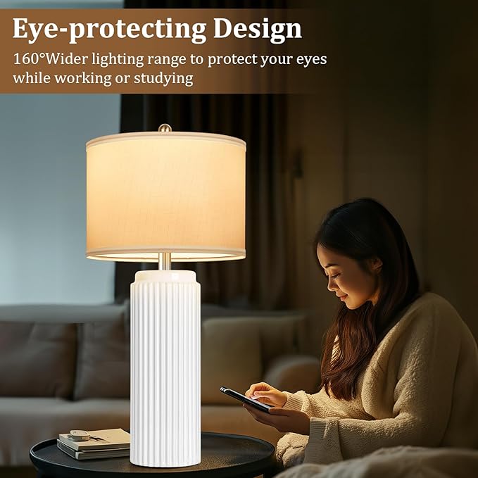 TOBUSA 28’’ Modern White Ceramic Lamps Set of 2 for Living Room, Vintage Nightstand Lamps for Bedroom, Farmhouse Bedside Lamps with Linen Shade, Elegant Decor Lamp Sets for Home Office - Bloomnest