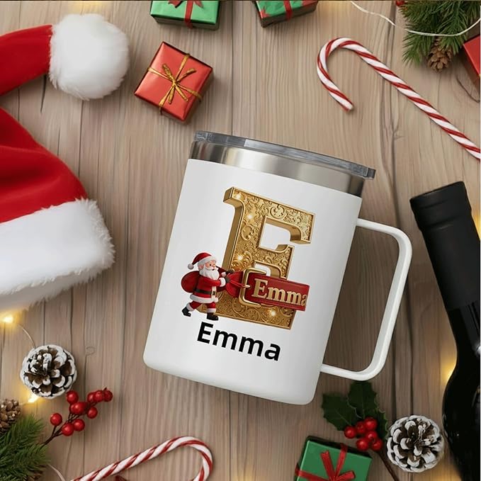 Personalized Christmas Mug | Custom Elegant Gold Initial Insulated Coffee Cup with Handle & Lid | 12oz Holiday Tumbler, Unique Santa Gift for Women & Family (B32) - Bloomnest