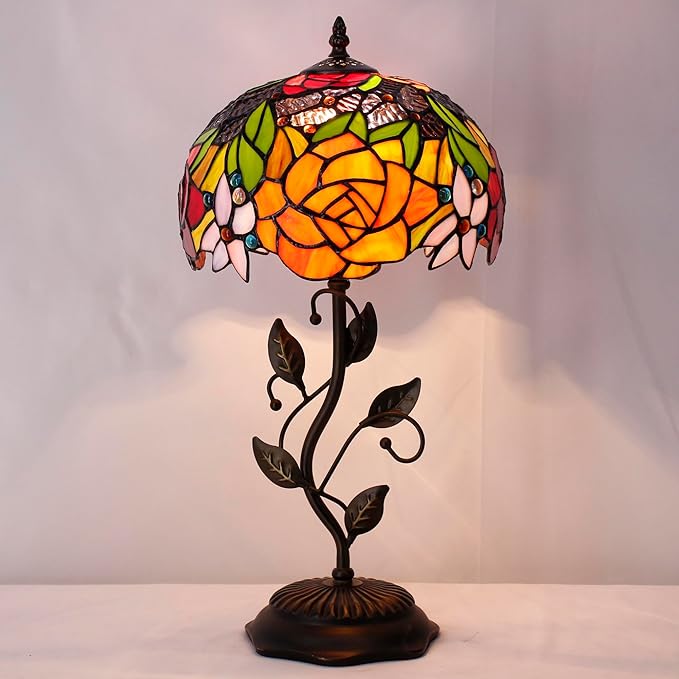 Tiffany Lamp Table Lamp Stained Glass Desk Lamps 10X10X19 Inches Reading Light Decor Bedroom Living Room (Red Rose Style) - Bloomnest