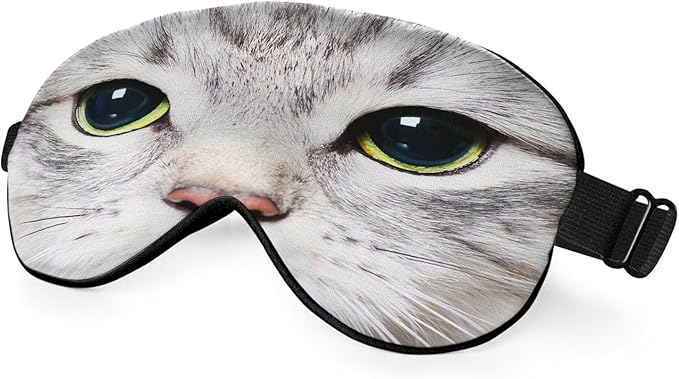 Cat Silk Eye Mask Sleep Mask Cute Funny Kitten Big Green Eyes Animal Pet Eye Mask with Adjustable Strap Lightweight for Women Work Travel Night Sleep - Bloomnest