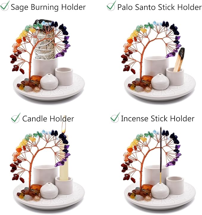 5 in 1 Incense Burner Holder with Crystal Healing Tree, Palo Santo Holder, Sage Holder, Incense Holder for Sticks/Cones/Candles, Ceramic Tray Ash Catcher for Burning Incense, Meditation Gift (White) - Bloomnest