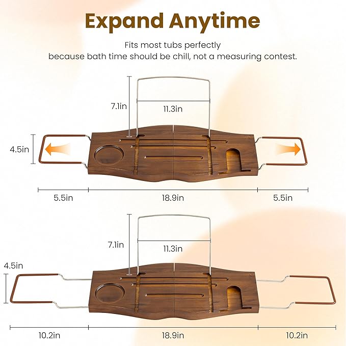 Teak Bathtub Tray Expandable Bathroom Tray for Home Spa Relaxation, Wooden Tray Caddy for Bathtub, Teak Bathtub Caddy as Unique Housewarming, Birthday, Wedding Shower Gifts. Light Walnut - Bloomnest