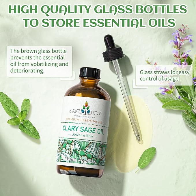 EVOKE OCCU Clary Sage Oil Essential Oil for Anxiety Relief, Moisturize Skin, Air Freshening, Add to Spray and Diffuser - 4 FL Oz - Bloomnest