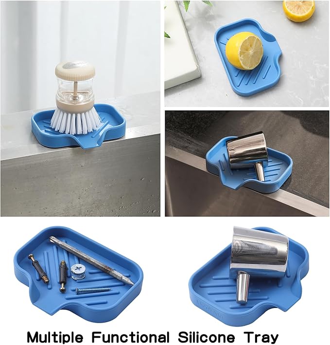 Silicone Bathroom Soap Dishes with Drain Spout-Bathroom and Kitchen Sink Organizer,Sponge Holder,Dish Soap Tray,Perfect for Dispenser,Scrubber,Bottle,Cup on Counter Lichen Blue 4.9"×3.2" - Bloomnest