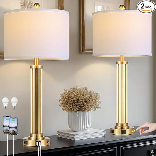 28" Tall Modern Table Lamps Set of 2 with USB C+A Ports and AC Outlet, 3 Way Touch Metal Bedside Lamps for Living Room, Gold Nightstand Lamps for Bedroom - Bloomnest