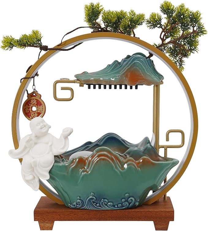 Tabletop Water Fountains, Indoor Water Fall with LED Light Zen Decor for Meditation with Mist, Japanese Decor with Fake Plants Feng Shui Decor for Good Luck Wealth - Bloomnest