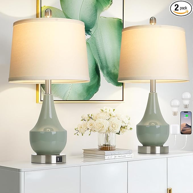 Modern Green Table Lamp Set of 2, 24" Ceramic Table Lamp with USB A+C Ports,Classic Beside Lamps Nightstand Lamp Modern Lamp for Living Room, Bedroom & Office -LED Bulbs Included - Bloomnest