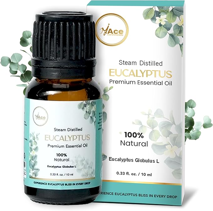 My Ace Eucalyptus Essential Oil – 100% Pure & Natural, Steam-Distilled, Undiluted Oil for Diffuser, Aromatherapy, Massage, Candle & Soap Making – Amber Glass Bottle – 0.33 fl oz MyAce