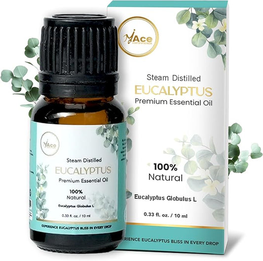My Ace Eucalyptus Essential Oil – 100% Pure & Natural, Steam-Distilled, Undiluted Oil for Diffuser, Aromatherapy, Massage, Candle & Soap Making – Amber Glass Bottle – 0.33 fl oz MyAce