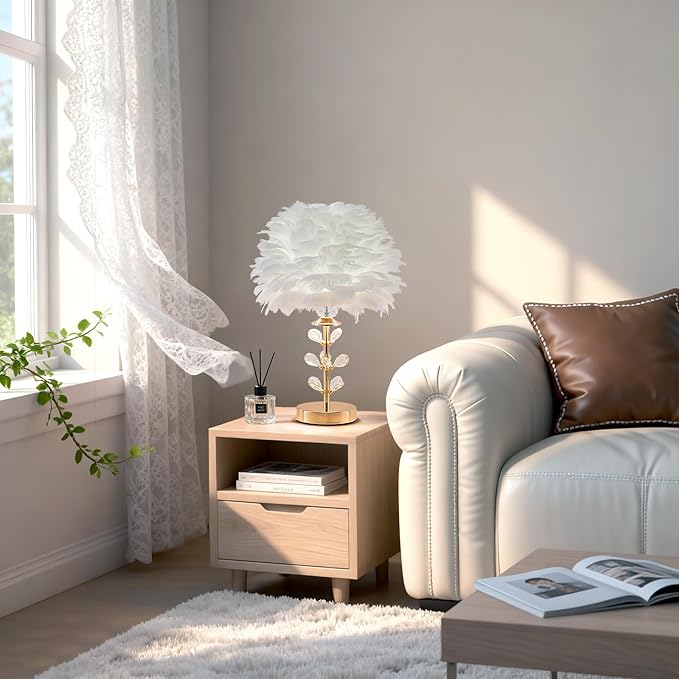 Chic White Feather Lamp Creative Fluffy Table Lamp Cute Kids Bedside Lamp Modern Feather Desk Light for Teen Girls Bedroom Living Room Entryway Study Room Wedding Deco - Bloomnest
