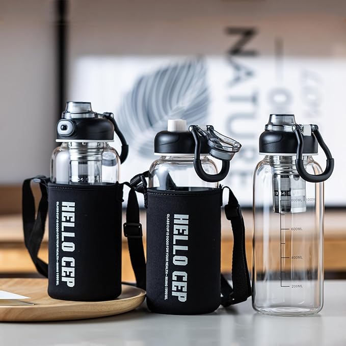 34oz Glass Water Bottle with capacity Mark & Stainless Steel Tea Strainer-Large Capacity for Hot/Cold Drinks,Coffee,Tea,and Water-Includes Protective Sleeve,Perfect for Home,Office (34oz2PCS) - Bloomnest