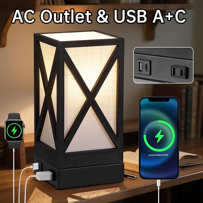 Table Lamp, Set of 2 Rustic Farmhouse Nightstand Lamps, 3 Color Temperatures Desk Lamp with USB Charging Ports AC Outlet Vintage Lamp for Living Room Bed Room, Black - Bloomnest