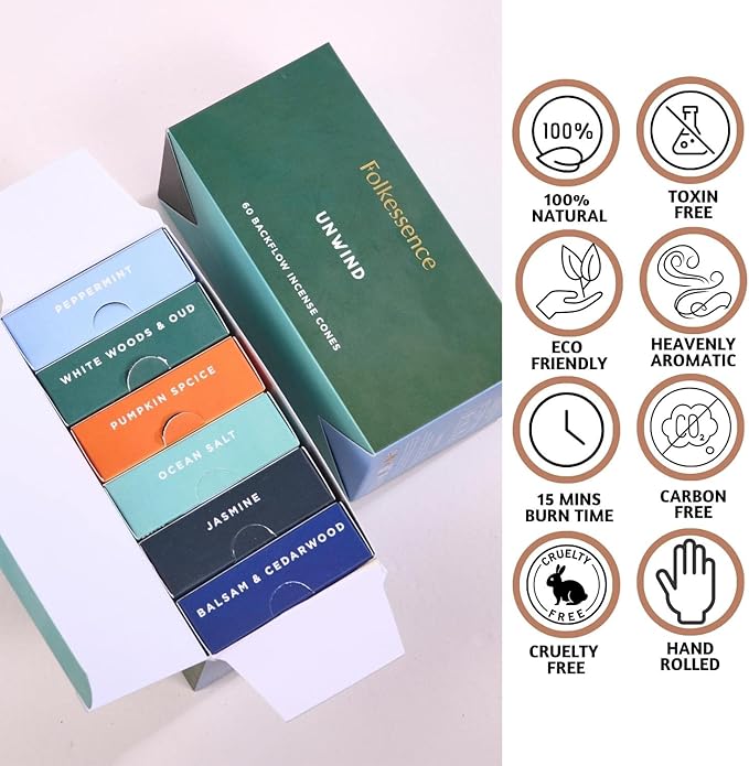 Folkulture Backflow Incense Cones (60 Cones) | Set of 6 Waterfall Insence Cones for Meditation, Aromatherapy | No Charcoal, Organic, Non Toxic Frankincense, Nag Champa, Sandalwood Inscents-Cones FOLKULTURE