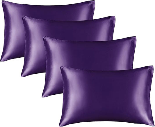 BEDELITE Satin Pillowcase for Hair and Skin, Super Soft Similar to Silk Pillow Cases 4 Pack with Envelope Closure, Cooling Pillowcases for Women Men (20"x26" Standard Size, Plum Purple) - Bloomnest