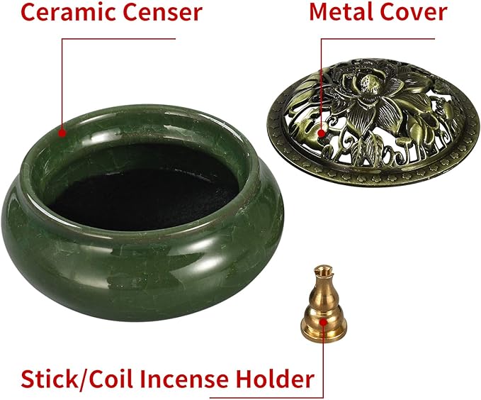 Incense Burner and Cone Incense Holder with Calabash Incense Stick Holder Ceramic Ash Catcher,Green - Bloomnest