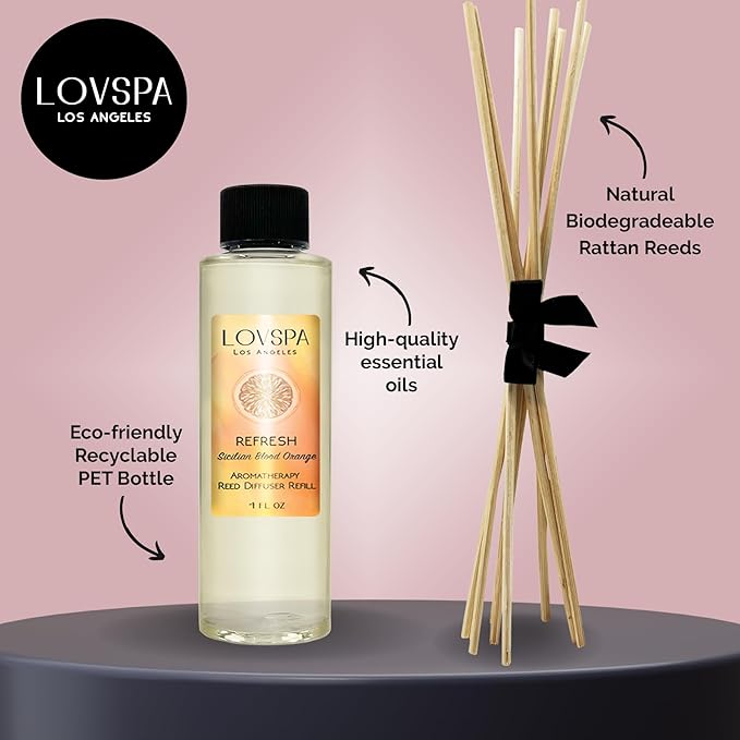 LOVSPA Refresh Sicilian Blood Orange Diffuser Oil - Luxury Essential Oils for Diffuser Refill & Air Freshener Room Spray - Natural Home Fragrance, Scented Oil for Diffusers, USA Made, 4oz - Bloomnest