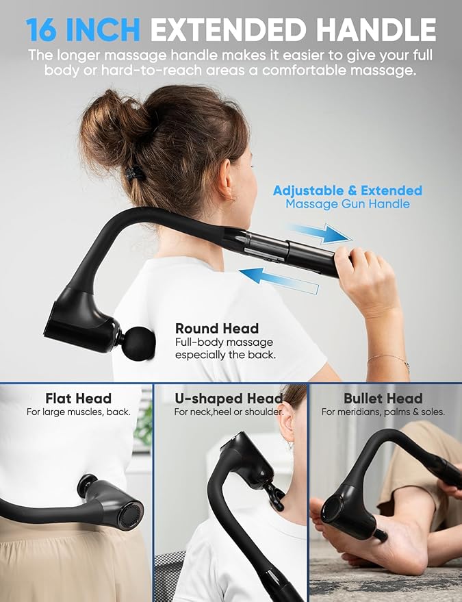 Massage Gun Deep Tissue - Back Massager for Pain Relief Deep Tissue with Extended Handle, 12MM Percussion Less-Shock Neck/Foot/Leg/Shoulder Massager, Infinitely Adjustable Speed & 4 Replaceable Heads - Bloomnest