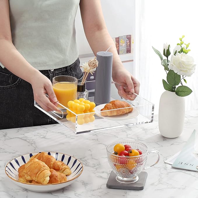 Home Decorative Coffee Table Tray, 10"x10" Elegant Acrylic Serving Trays with Handles Works for Eating, Breakfast, Makeup Drawer Organizer,Bathroom Vanity Table,Ottoman Tray, Clear - Bloomnest