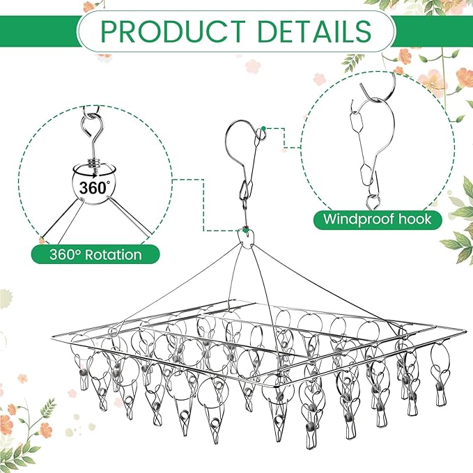 6 Pcs Herb Drying Rack Hanging - Stainless Steel with Clips Clothes Laundry Drying Rack Hanger Collapsible for Plants Bud Weed Onion Macrame Flower Spices(Square) - Bloomnest