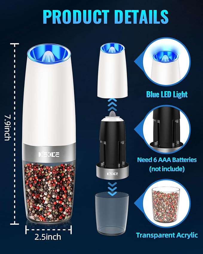 XinXu Gravity Electric Pepper and Salt Grinder Set, Adjustable Coarseness, with LED Light, One Hand Automatic Operation (Set/Snow White X) - Bloomnest