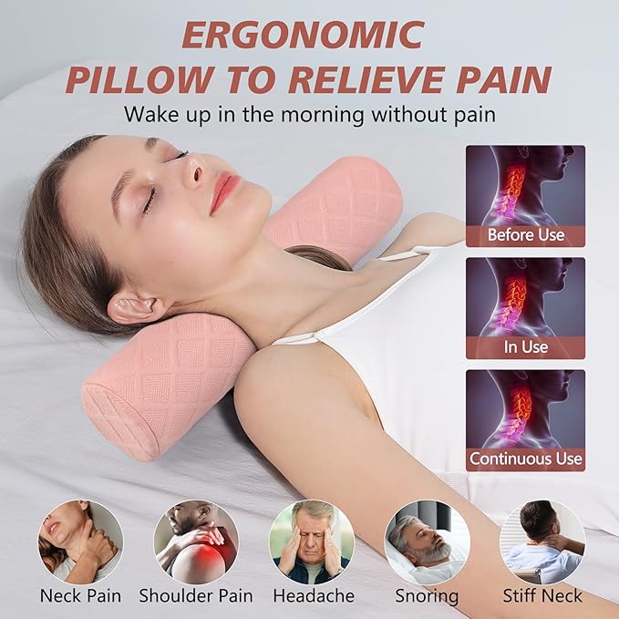 Cozyhealth Cervical Roll Pillow, Medium Soft Memory Foam Neck Round Pillow Cylinder Bolster Pillow for Sleeping, Round Neck Support for Bed, Legs, Back and Yoga (Pink, Large - 4.7" H) - Bloomnest