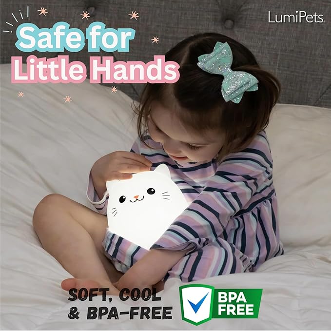 Lumipets Clive The Cat Squishy Silicone Night Light for Kids | Cute Night Light with Remote & Touch Control for Baby & Toddler Bedrooms | Color Changing Portable Animal Nightlight | Kids Mood Lamp - Bloomnest