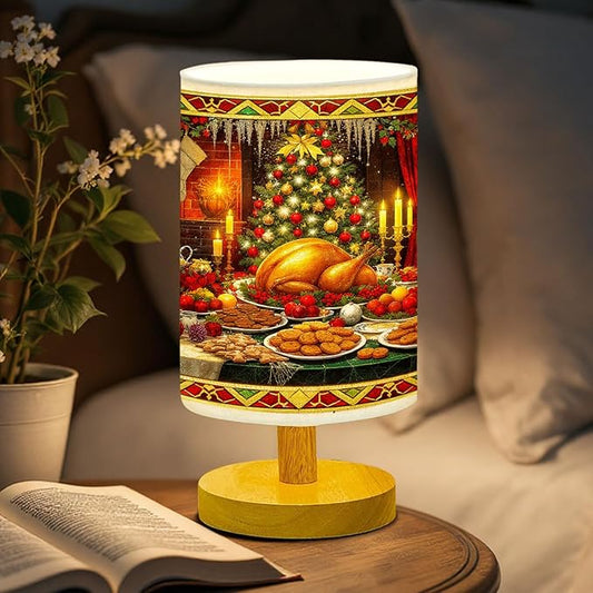 Christmas Feast Table Lamp LED 3-Color Pressed Bedside for Merry Christmas, Christmas Feast Shade Christmas Table Lamp with Wood Base for Bedroom Living Room Desk Office - Bloomnest