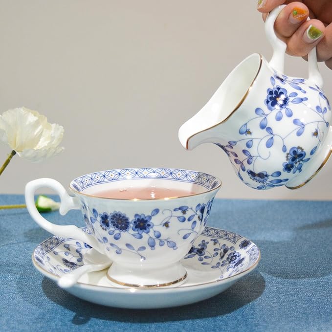 Bone China Tea Set, 21-Pieces Porcelain Tea Set for Adults, Tea Cups And Saucers for 6, with Teapot, Spoons, Sugar Bowl, Creamer Pitcher, Vintage Tea Set for Women Tea Party (Blue) - Bloomnest