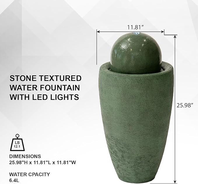 XBrand 25.98" H Round Stone Indoor/Outdoor Modern Stone Textured Sphere Water Fountain w/LED Lights, Green - Bloomnest