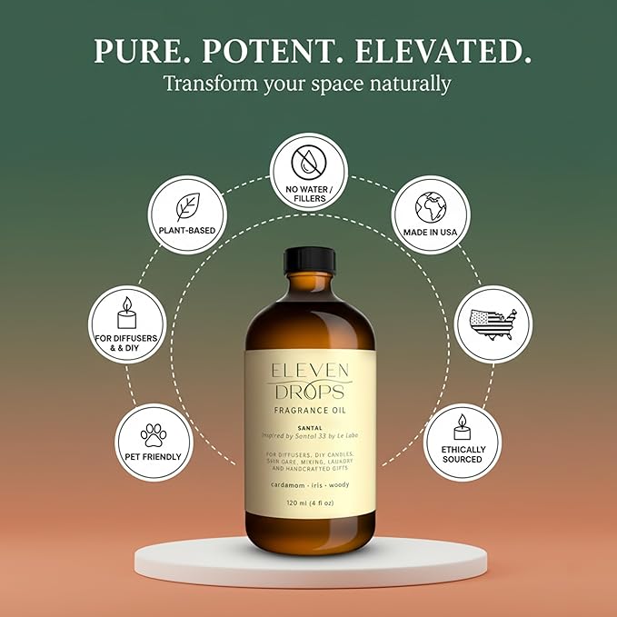 Santal Aroma Fragrance Oil – Essential Oil Blend for Diffusers, Candles & Soap Making, Mixing, Long Lasting Scent, Pet Friendly, Made in USA, Amber Glass Bottle, IFRA Compliant, 4 Fl. Oz. - Bloomnest