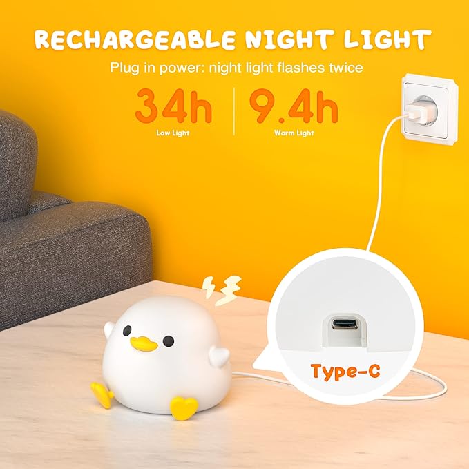 UNEEDE LED Cute Bean Duck Night Light, DoDo Duck Silicone Nursery Night Light Squishy Dimmable Rechargeable Table Bedside Lamp with Touch Sensor for Bedrooms, Living Room Unique Dorm Decor Gift Toy - Bloomnest