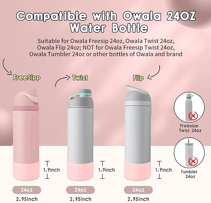 2PCS Silicone Water Bottle Boot, Compatible with Owala 24oz 32oz 40oz, Protective Anti-Scratch & Anti-Dent No Noise Sleeve Cover for FreeSip/Twist/Flip Water Bottles (Rose Quartz, 24oz) BKBY