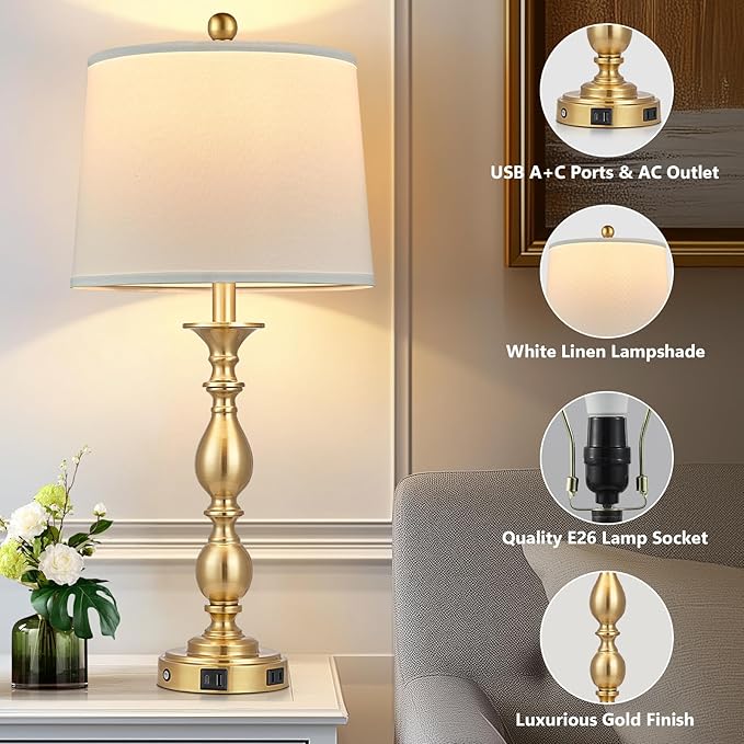 28" Tall Modern Table Lamps Set of 2 with USB A+C Ports and AC Outlet, 3 Way Touch Metal Bedside Lamps for Bedroom, Gold Farmhouse Nightstand Lamps for Living Room - Bloomnest