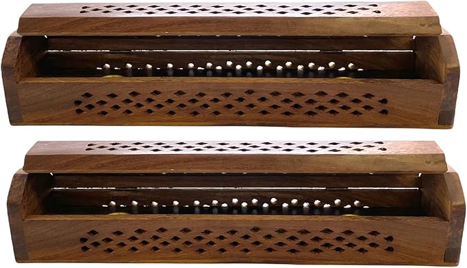 2 Pack Wooden Coffin Incense Sticks Burner - 12 Inches Brass Inlays - Storage Compartment (Net Carving) - Bloomnest