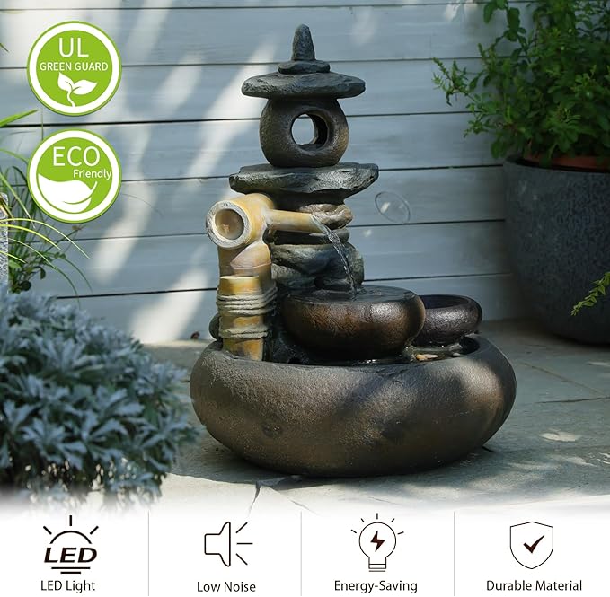 21" H Pagoda and Bamboo Outdoor&Indoor Outdoor Water Fountain, Natural Zen Decor Desian Outside Waterfall with LED Lights - Suitable for Garden/Patio/Yard/Deck/Balcony and Home Art Decor Resin - Bloomnest