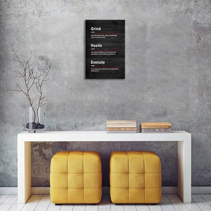 Inspirational Office Wall Art Grind Hustle Execute Verb Painting Posters Prints on Canvas Motivational Entrepreneur Quotes Prints Artwork Company Wall Decor for Living Room Framed[12''W x 18''H] - Bloomnest