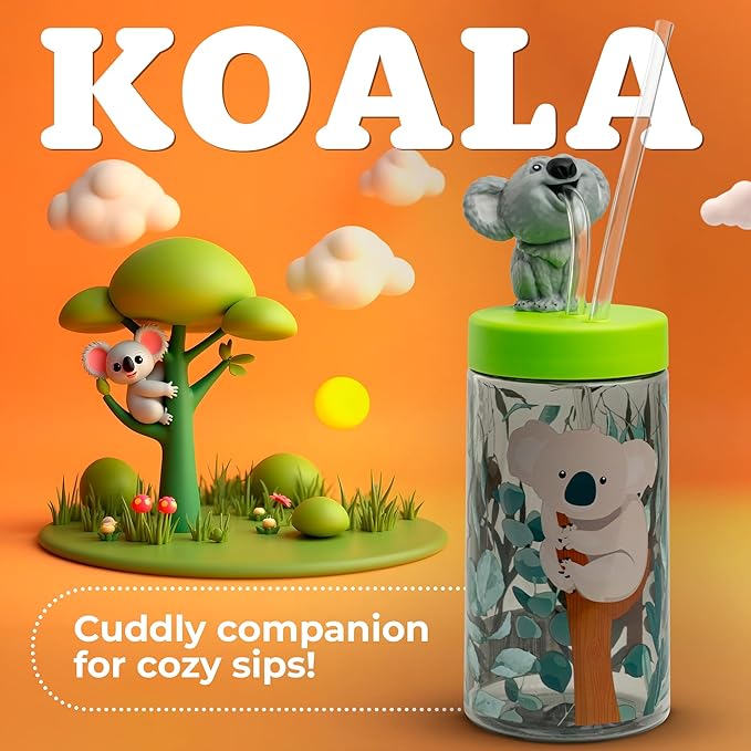 Trend Zoo Koala Cup, Water Bottle, Tumbler with Lid and Straw, Travel Sippy Cup for Water or Milk, Cups with Lids BPA Free Plastic, 12 oz - Bloomnest