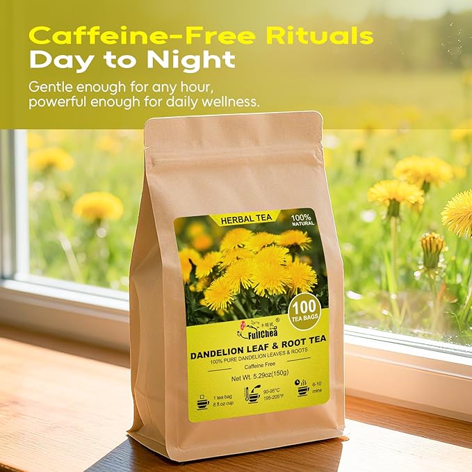 FullChea - Dandelion Leaf & Root Tea Bags, 100 Teabags, 1.5g/bag - Natural Dandelion Herbal Tea for Liver & Kidney Health - Non-GMO - Caffeine-free - Support Digestion & Boost Immune System - Bloomnest