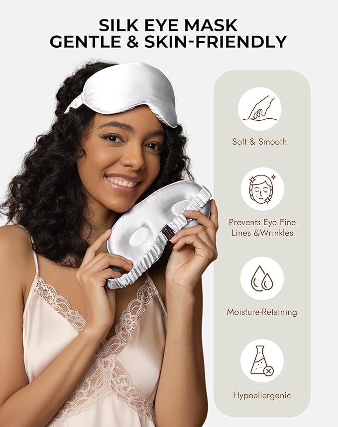 SilkSilky 100% 22 Momme Mulberry Silk Sleep Mask – Upgraded 3D Contoured Eye Mask with Nose Wing Pads & Adjustable Strap, Luxury Blackout Eye Cover for Women & Men (Light Gray) - Bloomnest