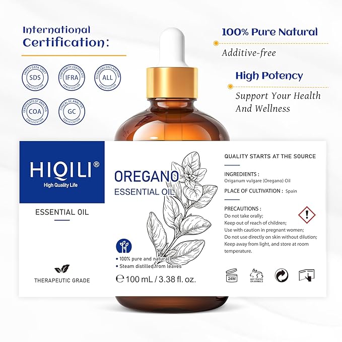 HIQILI 100 ML Oregano Essential Oil, 100% Pure Natural Oregano Oil for Diffuser, Skin, Cleaning - 3.38 Fl Oz - Bloomnest