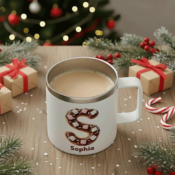 Personalized Christmas Mug | Custom Gingerbread Initial Insulated Coffee Cup with Handle & Lid | 12oz Holiday Tumbler, Cute Stocking Stuffer Gift for Women & Kids (B07) - Bloomnest