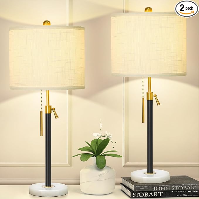 Black and Gold Table Lamps Set of 2: 22" to 30" Height Adjustable Nightstand Lamps with White Linen Shade | Pull Chain Switch | Marble Base - 3 Way Dimmable Beside Lamp for Bedrooms Living Room - Bloomnest