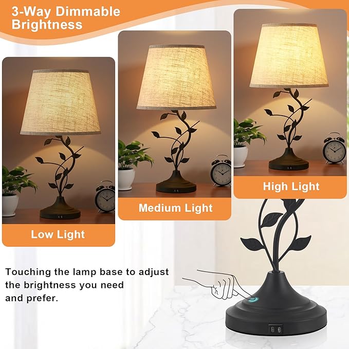 Kakanuo USB Touch Table Lamp Bedside Lamp with USB C Charging Ports for Living Room, Beige 3 Way Dimmable Traditional Nightstand Lamp Retro Table Lamp for Bedroom and Office (LED Bulb Included) - Bloomnest