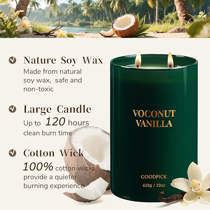 Goodpick Vanilla Coconut Candles, Scented Candle for Home, 22oz Soy Candles, Long Burning 120hrs Jar Candle Gifts - Bloomnest