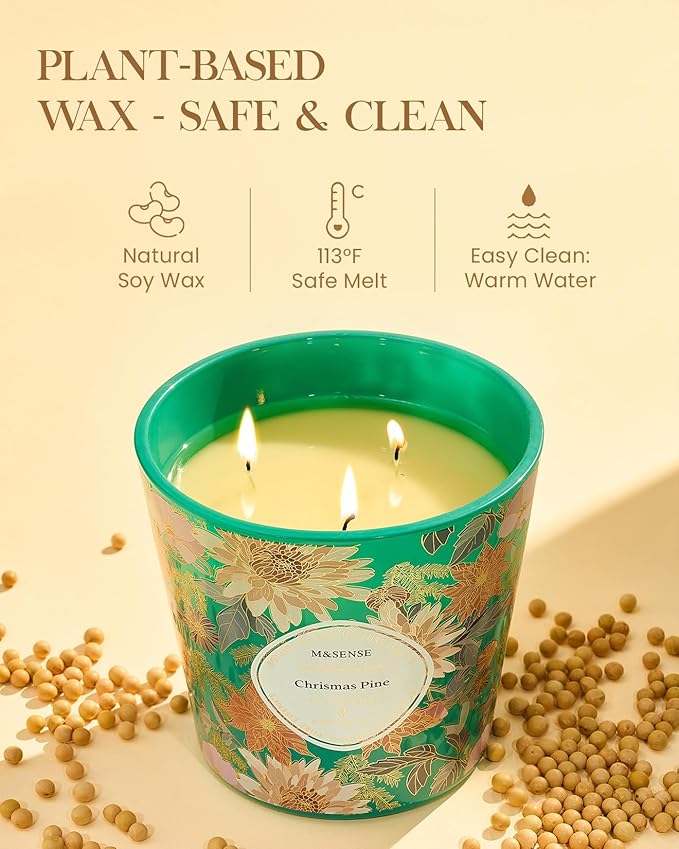 M&SENSE Christmas Pine Scented Candle, 28.2oz 3 Wick Natural Soy Wax Large Candles, Long Lasting Clean Slow Burning No Toxic Décor for Christmas, Romantic Dates & Gift-Giving - Bloomnest