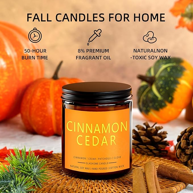 Fall Candles, Cinnamon & Cedar Scented Soy Candles, Autumn/Holiday/Halloween/Birthday/Christmas Gifts for Women & Men, 50-Hours Burning Time (7Oz) - Bloomnest