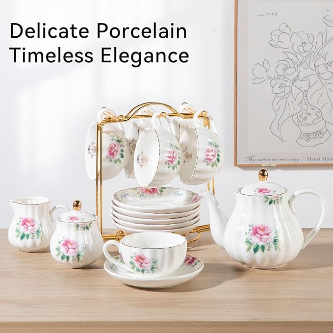 Porcelain Tea Sets British Royal Series, 8 OZ Cups & Saucer Service for 6, with Teapot Sugar Bowl Cream Pitcher Teaspoons and Tea Strainer, Suitable for High Tea, Wedding, Party(Blush Pink) - Bloomnest