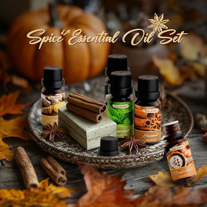 SALKING Spice Essential Oils, Premium Fragrance Oil for Diffuser, Scented Oil Gift Set for Soap Candle Making - Cinnamon, Clove, Vanilla, Pumpkin Spice, Peppermint, Ginger - Bloomnest